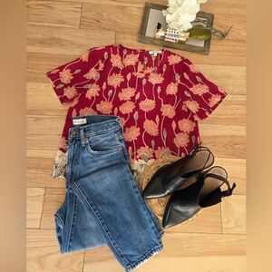 Madewell Floral Blouse Women’s Small Burgundy Short Sleeve